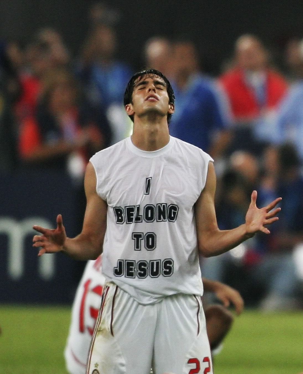 Brazilian soccer player Kaka with his characteristic 'I Belong to Jesus' shirt